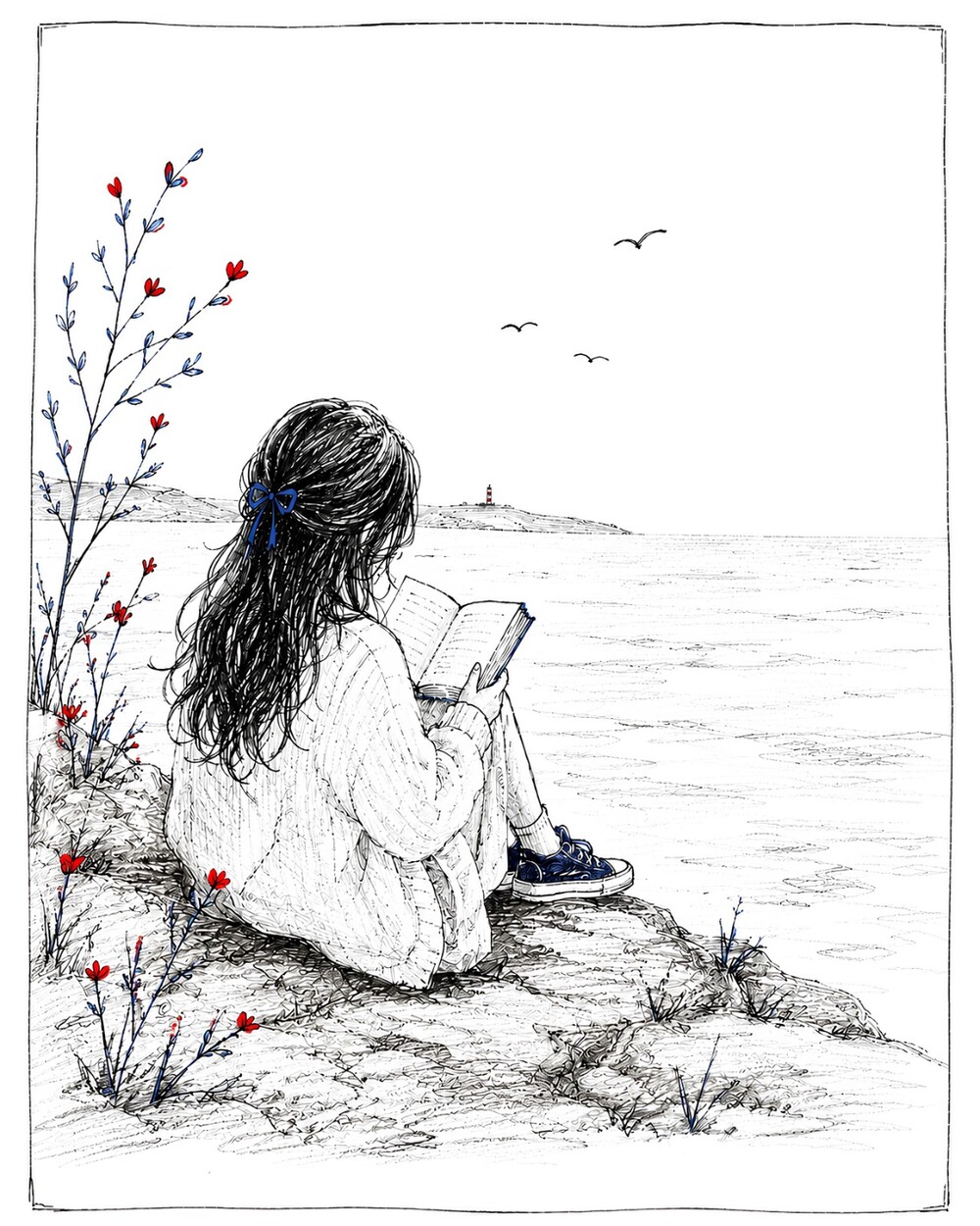 Ayat assise face à la mer, un livre ouvert entre les mains